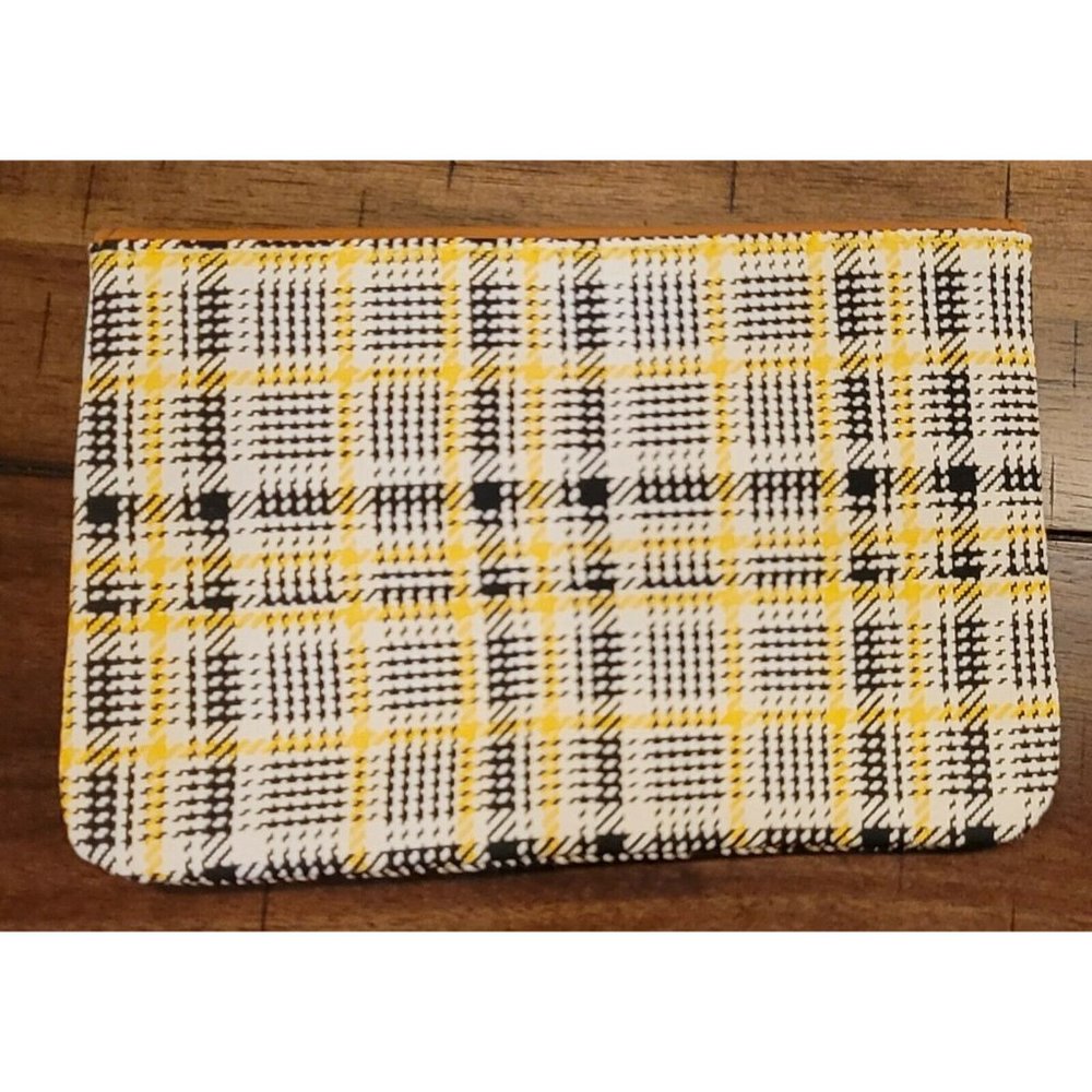 Ipsy Glam Bag Makeup Sept. 2021 Yellow Plaid GOLD button Foe Brown Leather flap - Picture 4 of 5